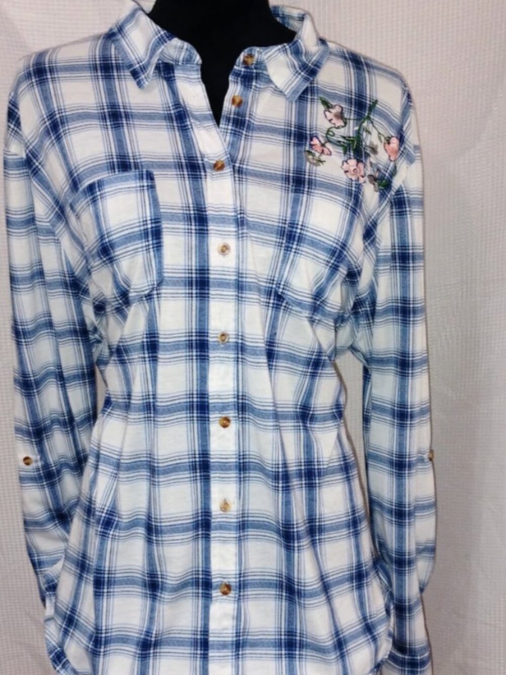 Women's relaxed-fit blue and white plaid tunic blouse, Size 3X